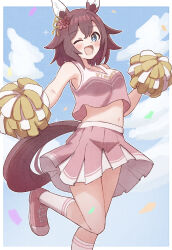 Rule 34 | 1girl, ;d, animal ears, bare arms, bare shoulders, blue eyes, blue sky, blush, breasts, brown hair, cheerleader, clothes writing, cloud, collarbone, commentary request, confetti, crop top, day, english text, flower, hair between eyes, hair flower, hair ornament, highres, holding, horse ears, horse girl, horse tail, looking at viewer, medium breasts, midriff, navel, one eye closed, open mouth, pink flower, pink footwear, pink skirt, pleated skirt, pom pom (cheerleading), red flower, sakura chiyono o (umamusume), shoes, skirt, sky, smile, socks, solo, standing, standing on one leg, sunanuko (ramuneko), tail, umamusume, white socks