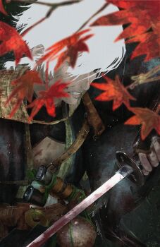 1boy armor binoculars black_kimono blurry blurry_foreground clenched_teeth gauntlets hair_over_one_eye highres holding holding_sword holding_weapon japanese_armor japanese_clothes kimono leaf looking_at_viewer male_focus maple_leaf okada_izou_(rise_of_the_ronin) rise_of_the_ronin short_hair shoulder_armor sode solo sparse_stubble sword teeth torn_clothes torn_sleeves weapon white_hair yorunue_ro