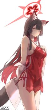 1girl alternate_costume animal_ear_fluff animal_ears artist_name babydoll bare_shoulders blue_archive colored_inner_hair commentary eyeshadow fox_ears fox_girl fox_tail halo highres lingerie looking_at_viewer makeup multicolored_hair nightgown off_shoulder panties red_babydoll red_eyeshadow red_halo red_panties see-through_babydoll see-through_clothes shirt smile solo symbol-only_commentary tail underwear vam_(js_vam) wakamo_(blue_archive) white_background white_shirt yellow_eyes