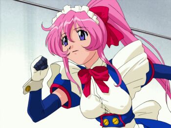 1990s_(style) 1girl android animated animated_gif apron black_gloves blue_dress blue_eyes blue_sleeves bouncing bouncing_breasts bow bowtie breasts cuffs detached_sleeves dress female_focus frilled_apron frilled_hairband frills gloves hair_between_eyes hair_ribbon hairband headdress indoors koutetsu_tenshi_kurumi kurumi_(koutetsu_tenshi_kurumi) large_breasts long_hair looping_animation maid maid_apron maid_headdress multicolored_gloves pink_hair ponytail red_bow red_bowtie red_ribbon retro_artstyle ribbon running short_sleeves sidelocks solo upper_body very_long_hair white_gloves