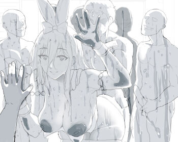1girl 6+boys animal_ears bent_over breasts breasts_out date_a_live drawfag faceless faceless_male monochrome motion_lines multiple_boys netorare nipples nude penis playboy_bunny pov pov_hands ribbon sex sketch takamiya_mio wet window