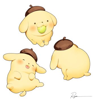 ball commentary lying mouth_hold multiple_views no_humans on_back pompompurin ryota_(ry_o_ta) sanrio simple_background symbol-only_commentary tennis_ball tongue tongue_out white_background x_anus