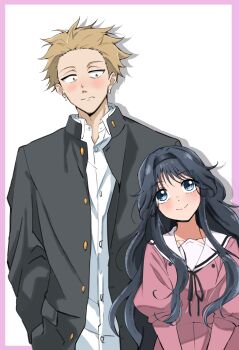 Rule 34 | 1boy, 1girl, black hair, black hairband, black jacket, black ribbon, blonde hair, blue eyes, border, closed mouth, collared shirt, commentary request, earclip, forehead, gakuran, hairband, hand in pocket, highres, jacket, kaoru hana wa rin to saku, kikyo private academy school uniform, long hair, long sleeves, neck ribbon, open clothes, open jacket, outside border, pink border, pink shirt, ribbon, sailor collar, sanpaku, school uniform, serafuku, shadow, shirt, short hair, simple background, smile, spesium zeperion, spiked hair, split mouth, standing, tareme, tsumugi rintarou, unbuttoned, very short hair, waguri kaoruko, white background, white sailor collar, white shirt, wing collar, wispy bangs, yellow eyes