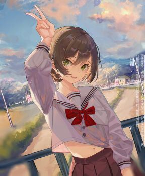 1girl absurdres arm_up bow bowtie brown_hair brown_skirt chinese_text cloud cloudy_sky commentary_request dusk green_eyes hair_between_eyes highres hui_zhong_zhi_meng long_sleeves looking_at_viewer midriff navel open_mouth original outdoors railing red_bow red_bowtie sailor_collar school_uniform serafuku short_hair sidelocks skirt sky solo upper_body v white_serafuku