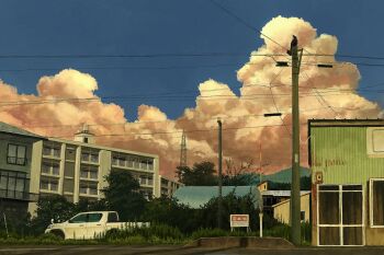 bird blue_sky building bush car cityscape cloud commentary cumulonimbus_cloud day door forest gensuke_(ryun) grass highres house motor_vehicle nature no_humans original outdoors pickup_truck power_lines radio_antenna road scenery shadow sign sky transmission_tower tree truck utility_pole