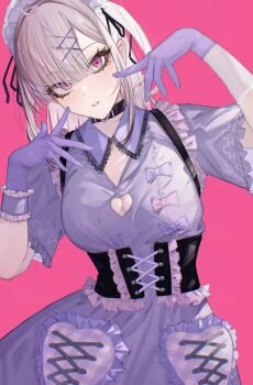 1girl absurdres ahoge black_corset bow_print breasts choker cleavage_cutout clothing_cutout corset dress frilled_corset frilled_wristband frills gloves grey_hair gurumyuu hair_ornament hair_over_one_eye hashtag-only_commentary heart_cutout highres lace-trimmed_collar lace_trim large_breasts long_hair looking_at_viewer mole mole_under_eye nijisanji purple_dress purple_eyes rubber_gloves solo sukoya_kana sukoya_kana_(4th_costume) twintails virtual_youtuber