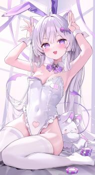 1girl absurdres ahoge animal animal_ears armpits blunt_bangs blush bow breasts cleavage commentary demon_wings detached_collar fake_animal_ears frilled_leotard frills highleg highleg_leotard highres kithera leotard long_hair looking_at_viewer medium_breasts nontraditional_playboy_bunny open_mouth original poker_chip purple_bow purple_eyes rabbit_pose sitting solo strapless strapless_leotard symbol-only_commentary tail thighhighs twintails wariza white_hair white_leotard white_thighhighs window wings wrist_cuffs