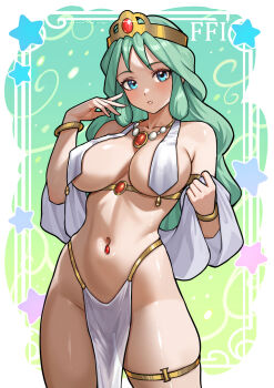 1girl blue_eyes blush breast_curtains breasts commentary copyright_name english_commentary final_fantasy final_fantasy_i gradient_background green_hair headpiece highres jewelry large_breasts long_hair looking_at_viewer navel navel_piercing necklace parted_lips patreon_username pelvic_curtain piercing redjet sarah_(ff1) solo standing star_(symbol) thigh_strap