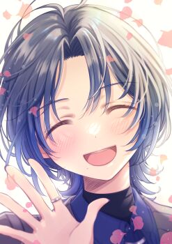 Rule 34 | 1girl, black jacket, blue hair, blue shirt, blush, closed eyes, collared shirt, commentary request, facing viewer, highres, hiodoshi ao, hiodoshi ao (1st costume), hololive, jacket, jewelry, nagasawa rin, open mouth, petals, portrait, ring, shirt, short hair, simple background, smile, solo, upper body, virtual youtuber, waving, white background