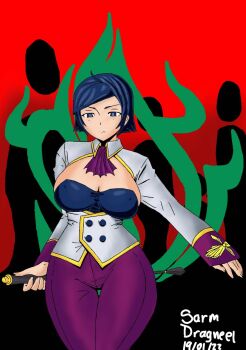 Rule 34 | 1girl, blue eyes, blue hair, breasts, cleavage, cleavage cutout, clothing cutout, curvy, elisabeth blanctorche, female focus, huge breasts, large breasts, looking at viewer, okyochan, okyou, pale skin, pants, sarm dragneel, sarmdragneel, sarmdragneel16, standing, the king of fighters, thick thighs, thighs, wide hips
