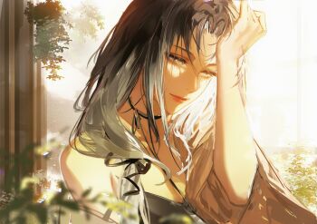 1girl absurdres adjusting_hair angell_(path_to_nowhere) black_hair blurry blurry_background brown_cardigan cardigan chinese_commentary collarbone commentary curtained_hair expressionless gradient_hair grey_hair half-closed_eyes highres indoors leaf lens_flare multicolored_hair off_shoulder official_alternate_costume open_cardigan open_clothes path_to_nowhere qingci single_bare_shoulder solo upper_body waking_up yellow_eyes