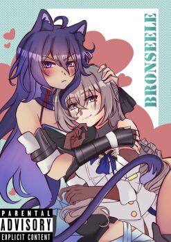 2girls ahoge animal_ear_fluff animal_ears bandana bare_shoulders black_ribbon black_tank_top blue_background blush bodystocking breasts bronya_rand brown_bodystocking brown_gloves buttons cat_ears cat_tail closed_mouth commentary crop_top crossed_bangs detached_sleeves dress elbow_gloves english_commentary english_text gauntlets gloves grey_eyes grey_hair hair_between_eyes hair_ribbon hand_on_another&#039;s_head hand_on_own_face hands_up heart highres honkai:_star_rail honkai_(series) hug kemonomimi_mode long_hair looking_at_viewer medium_breasts multiple_girls polka_dot polka_dot_background purple_bandana purple_eyes purple_hair ribbon seele_(honkai:_star_rail) shiirowei short_sleeves sidelocks sleeveless sleeveless_dress smile tail tank_top turtleneck turtleneck_dress two-tone_background v-shaped_eyebrows white_background white_dress white_sleeves yuri