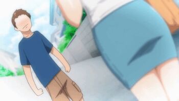 1boy 1girl age_difference ai_san animated animated_gif anime_screenshot ass blurry boku_ni_sexfriend_ga_dekita_riyuu depth_of_field dress hetero male_virgin nanashi_(boku_ni_sexfriend_ga_dekita_riyuu) older_female_and_younger_male outdoors shirt subtitled t-rex_(animation_studio) t-rex_(company) t-shirt trembling virgin white_shirt