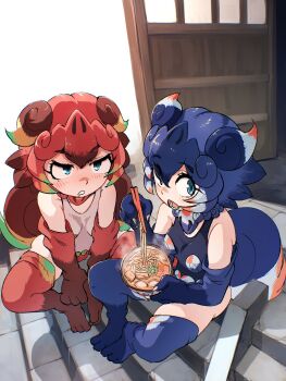 2girls animal_ears bare_shoulders blue_eyes blue_hair chopsticks elbow_gloves extra_ears food gloves highres jewelry kemono_friends looking_at_viewer mcgunngu multiple_girls necklace red_hair shiisaa_lefty shiisaa_right short_hair sitting swimsuit tail thighhighs