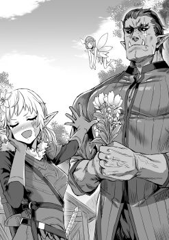 1boy 2girls armor asanagi azalea_(orc_eiyuu_monogatari) bash_(orc_eiyuu_monogatari) blush burn_scar closed_eyes elf fairy fairy_wings flower gloves greyscale hair_flower hair_ornament hand_on_own_cheek hand_on_own_face highres holding holding_flower monochrome multiple_girls novel_illustration official_art open_mouth orc orc_eiyuu_monogatari pointy_ears scar scar_across_eye scar_on_face scar_on_nose sword tusks weapon wings zell_(orc_eiyuu_monogatari)