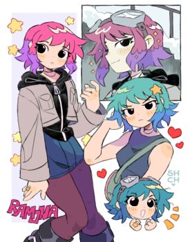 Rule 34 | 1girl, ^^^, bag, black boots, black eyes, blue hair, blush, boots, brown jacket, character name, commentary, denim, denim skirt, goggles, goggles on head, hair ornament, heart, highres, jacket, multiple views, open clothes, open jacket, pantyhose, pink hair, ramona flowers, scott pilgrim (series), scott pilgrim takes off, sharpycharot, short hair, skirt, smile, star (symbol), star hair ornament