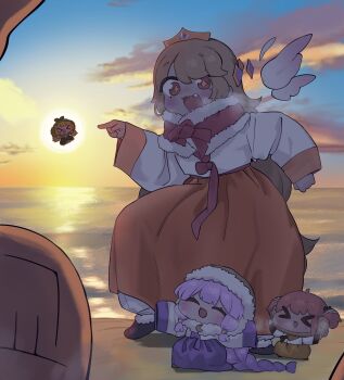 >_< 1other 4girls :d black_bow blonde_hair blush bow braid braided_twintails breath chibi closed_eyes crepe_(trickcal) detached_wings diyap_(style) dress earmuffs erpin_(trickcal) faceless fang genba_neko_(meme) gold_tiara green_dress hair_bow hanbok hat highres korean_clothes leader_(trickcal) long_hair meme multiple_girls open_mouth orange_skirt oversized_clothes pink_hair pointing pointing_at_another purple_hair purple_skirt red_eyes sibeoji skirt sky sleeves_past_fingers sleeves_past_wrists smile sunrise symbol-shaped_pupils tiara trickcal wings yellow_skirt yomi_(trickcal) youngchun_(trickcal)