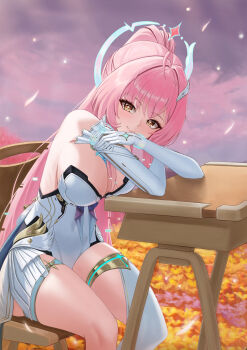 Rule 34 | 1girl, absurdres, aemeath (wuthering waves), ahoge, alternate breast size (larger), bare shoulders, breasts, closed mouth, commentary, commonalty, covered navel, elbow gloves, glitch, gloves, hair ornament, highres, large breasts, leotard, long hair, looking at viewer, looking to the side, outdoors, pink hair, ponytail, sitting, smile, solo, star-shaped pupils, star (symbol), symbol-shaped pupils, thighs, turning head, white gloves, white leotard, wuthering waves, yellow eyes