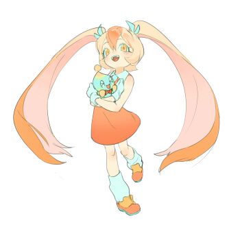 1girl absurdres alternate_universe bare_shoulders chao_(sonic) cheese_(sonic) child collared_dress commentary_request cream_the_rabbit digu718910 dress full_body gloves hair_between_eyes highres hug humanization korean_commentary light_blush long_hair looking_at_viewer orange_dress orange_eyes orange_hair rabbit_girl short_sleeves sonic_(series) teeth twintails upper_teeth_only white_background white_gloves