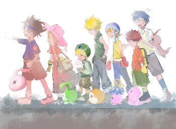 3girls 5boys child denim digimon digimon_(creature) digimon_adventure glasses hana_(pixiv_101684808) happy ishida_yamato izumi_koshiro jeans kido_jo koromon leaf mochimon multiple_boys multiple_girls pants pukamon pyocomon tachikawa_mimi takaishi_takeru takenouchi_sora tanemon tokomon tunomon yagami_hikari yagami_taichi