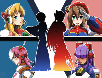 4girls alia_(mega_man) blonde_hair blue_eyes blush brown_hair capcom fringe_trim green_eyes hair_between_eyes hair_over_eyes hat headgear headphones iris_(mega_man) layer_(mega_man) long_hair mega_man_(series) x_(mega_man) mega_man_x_(series) mole multicolored_hair multiple_girls nana_(mega_man_x:_command_mission) open_mouth pink_hair purple_hair short_hair sidelocks silhouette smile ticktank two-tone_hair zero_(mega_man)