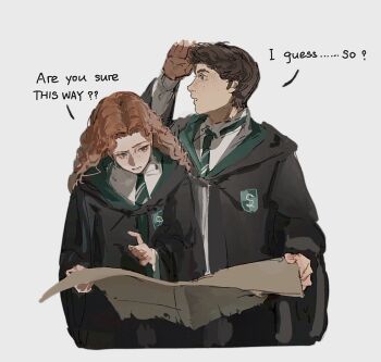 Rule 34 | 1boy, 1girl, black robe, blue eyes, brown eyes, brown hair, collared shirt, english text, green necktie, gynger edventray (hiiragimare), highres, hiiragimare, hogwarts legacy, hogwarts school uniform, holding, holding map, hooded robe, long hair, looking at object, looking to the side, map, necktie, oc x canon, original, red hair, robe, school uniform, sebastian sallow, shirt, short hair, simple background, sketch, slytherin, speech bubble, upper body, white background, white shirt, wizarding world