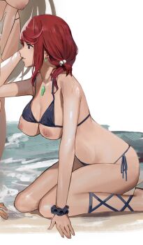 1girl 2girls alternate_hair_length alternate_hairstyle bare_shoulders beach blonde_hair blush breasts breasts_out brown_eyes chest_jewel earrings gem headpiece highres j@ck jewelry large_breasts long_hair medium_hair multiple_girls mythra_(xenoblade) nipples on_ground outdoors pyra_(xenoblade) red_hair scrunchie swept_bangs tiara very_long_hair wrist_scrunchie xenoblade_chronicles_(series) xenoblade_chronicles_2