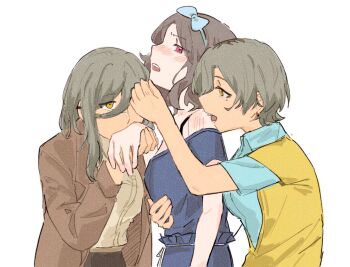 Rule 34 | 3girls, alternate hair length, alternate hairstyle, blue bow, blue dress, blue shirt, bow, bow hairband, brown coat, brown hair, coat, collared shirt, commentary, dress, dual persona, ebizuka tomo, enanbender, girl sandwich, girls band cry, green hair, hairband, highres, kiss, kissing hand, licking shoulder, long hair, medium hair, multiple girls, off-shoulder dress, off shoulder, open mouth, pink eyes, rupa (girls band cry), sandwiched, shirt, short hair, simple background, symbol-only commentary, vest, white background, yellow eyes, yellow vest, yuri