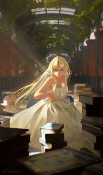 1girl absurdres book clothes_lift dress dress_lift fleurdelys_(wuthering_waves) highres pointy_ears ruuudy_(shirozu07) solo white_dress white_hair wuthering_waves