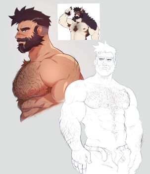 1boy abs absurdres arm_hair armpit_hair armpit_hair_peek bara beard body_fur chest_tuft connected_beard cropped_torso drawreshi facial_hair from_side full_beard hairy highres huge_eyebrows humanization large_pectorals male_focus mature_male multiple_views muscular muscular_male mustache navel_hair nipples nude open_fly original partially_colored pectorals profile reference_inset resh_(drawreshi) short_hair stomach thick_beard thick_chest_hair thick_mustache