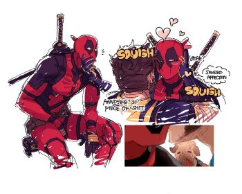 2boys arm_hair beard belt blush bodysuit brown_hair cheek_squash commentary_request couple deadpool deadpool_&amp;_wolverine deadpool_(series) dog dogpool english_text face_squeeze facial_hair gloves heart katana kiss looking_at_another male_focus marvel multicolored_bodysuit multiple_boys muscular muscular_male pectorals ppoooooolvrmm red_bodysuit red_mask short_hair sitting squishing superhero_costume sword sword_on_back two-tone_bodysuit utility_belt weapon weapon_on_back wolverine_(x-men) x-men yaoi yellow_bodysuit