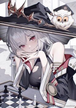 1girl absurdres animal bare_shoulders bird black_bra black_hat black_jacket blush board_game bra breasts chess chessboard clothed_animal commentary_request hand_on_own_hip hat highres jacket large_breasts long_hair long_sleeves looking_at_viewer muzhucunmuzhucun open_clothes open_jacket original owl parted_lips red_eyes see-through_clothes smile solo torn_clothes underwear upper_body white_hair wide_sleeves witch_hat