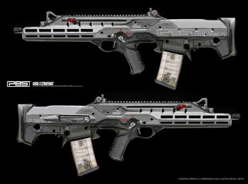 artist_name assault_rifle asterozoa black_background bullpup commentary english_commentary gun magazine_(weapon) multiple_views no_humans original rifle trigger weapon weapon_focus weapon_focus