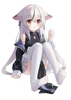 1girl above-cleavage_cutout absurdres animal_ear_fluff animal_ears arm_at_side black_dress black_hair black_jacket black_ribbon blue_archive blush breasts brown_eyes china_dress chinese_clothes chinese_commentary clenched_hand clothing_cutout commentary diamond_cutout dress eyelashes eyes_visible_through_hair feet fengxue frown full_body furrowed_brow grey_hair hair_between_eyes hair_ribbon half_updo hand_up highres jacket knees_together_feet_apart knees_up kokona_(blue_archive) legs long_hair looking_at_viewer multicolored_hair no_shoes open_clothes open_jacket open_mouth pelvic_curtain ribbon sidelighting sidelocks simple_background single_bare_shoulder sitting sleeveless sleeveless_dress sleeves_past_wrists small_breasts soles solo straight_hair streaked_hair striped_clothes striped_dress striped_jacket sweatdrop tareme thighhighs tiger_ears toes vertical-striped_clothes vertical-striped_dress vertical-striped_jacket very_long_hair white_background white_thighhighs