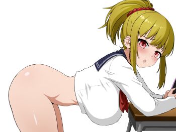 1girl :o ass bent_over blonde_hair blue_sailor_collar blush bottomless breasts cellphone come_hither commentary_request crop_top desk from_side green_hair hair_ornament hair_scrunchie hajime_(wkpz8247) high_ponytail highres holding holding_phone large_breasts leaning_on_object long_sleeves looking_at_viewer looking_back looking_to_the_side medium_hair neckerchief open_mouth original phone pink_eyes ponytail red_neckerchief red_scrunchie sailor_collar sailor_shirt school_desk school_uniform scrunchie shirt simple_background smartphone solo variant_set white_background white_shirt