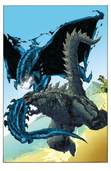 absurdres cloud cross_promotion day dinosaur eric_battle giant giant_monster glowing glowing_eyes godzilla godzilla:_awakening godzilla_(2014) godzilla_(series) highres island kaiju legendary_pictures monster monsterverse ocean official_art shinomura tie-in toho water wings
