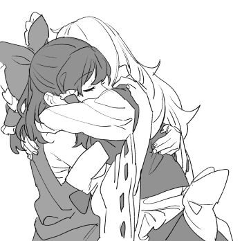 2girls apron bow chest_sarashi closed_eyes commentary_request detached_sleeves frilled_bow frilled_hair_tubes frills greyscale hair_bow hair_tubes hakurei_reimu highres kirisame_marisa long_hair mero_(starfish_jcs) monochrome multiple_girls no_headwear ribbon-trimmed_sleeves ribbon_trim sarashi skirt touhou vest waist_apron yuri