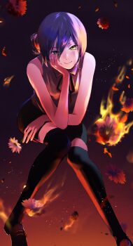 1girl absurdres black_ribbon black_thighhighs burning chainsaw_man fire flower green_eyes grey_shirt hand_on_own_face head_rest highres holding holding_flower invisible_chair kwnri looking_at_viewer neck_ribbon purple_hair reze_(chainsaw_man) ribbon shirt sitting sleeveless sleeveless_shirt smile solo thighhighs white_flower