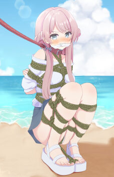 1girl absurdres arms_behind_back ass ball_gag bang_dream! bang_dream!_it's_mygo!!!!! bare_shoulders bdsm beach blue_eyes blue_skirt blue_sky blush bondage bound bound_arms bound_breasts bound_legs bound_toes bound_torso braid breast_bondage breasts chihaya_anon cleave_gag clenched_hand cloth_gag cloud collar commission crotch_rope crouching crown_braid fang female_focus full_body gag gagged hamuta_(machosbrown) highres improvised_gag leash long_hair long_sleeves medium_breasts medium_hair nervous nervous_smile nervous_sweating ocean off-shoulder_shirt off_shoulder open_mouth outdoors panties pink_hair rope shibari shibari_over_clothes shirt shoes short_hair_with_long_locks sidelocks skeb_commission skin_tight skindentation skirt sky slave smile solo sweat toes underwear upskirt water white_panties white_shirt white_shoes