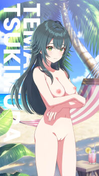 1girl beach breasts cleavage cleft_of_venus cloud cup drinking_glass drinking_straw english_text gakuen_idolmaster green_eyes green_hair hammock highres idolmaster medium_breasts nipples nude nude_filter palm_tree pussy solo third-party_edit tree tsukimura_temari water