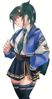 1girl absurdres black_gloves fingerless_gloves gloves green_eyes green_hair highres jacket kiriko_(overwatch) looking_at_viewer o694699 open_clothes overwatch pleated_skirt school_uniform skirt solo sophomore_kiriko_kamori thighhighs white_background