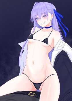Rule 34 | 1boy, 1girl, absurdres, bare shoulders, bikini, black bikini, black jacket, blue eyes, blue ribbon, blush, breasts, choker, commentary request, fate/grand order, fate (series), grin, highres, jacket, long hair, long sleeves, mcpc zamurai, meltryllis, meltryllis (fate), meltryllis (swimsuit lancer) (fate), meltryllis (swimsuit lancer) (first ascension) (fate), off shoulder, purple hair, ribbon, sitting, sitting on person, small breasts, smile, swimsuit, thighs, very long hair