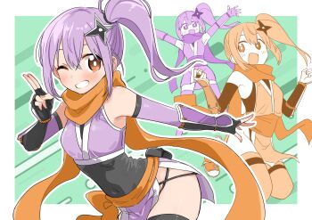 1girl black_gloves brown_eyes fingerless_gloves gloves grin highres hundredburger japanese_clothes kimono kusagakure_satoko long_hair looking_at_viewer ninja ninja_to_koroshiya_no_futarigurashi official_art one_eye_closed open_mouth orange_scarf purple_hair purple_kimono scarf shuriken_hair_ornament side_ponytail sleeveless sleeveless_kimono smile teeth