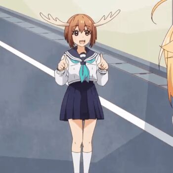 2girls ahoge animated animated_gif antlers blonde_hair blue_neckerchief blue_sailor_collar blue_skirt brown_eyes brown_hair cropped deer_antlers deer_girl dot_nose female_focus horns koshi_torako legs long_hair long_sleeves miniskirt multiple_girls neckerchief outdoors pleated_skirt sailor_collar school_uniform serafuku shikanoko_noko shikanoko_nokonoko_koshitantan short_hair skirt socks thighs white_serafuku white_socks