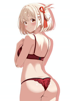 1girl absurdres ass back blonde_hair bob_cut bra breasts closed_mouth commentary_request cowboy_shot drop_shadow from_behind hair_ribbon hand_up highres large_breasts lingerie looking_at_viewer looking_back lycoris_recoil nishikigi_chisato one_side_up panties red_bra red_eyes red_panties red_ribbon ribbon short_hair simple_background smile solo tetsuado underwear underwear_only white_background