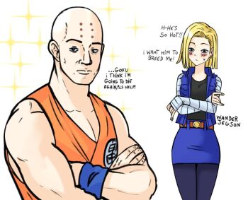 1boy 1girl android_18 bald bald_male black_eyes blonde_hair blue_eyes blush couple crossed_arms dragon_ball excited excited_for_sex husband_and_wife kuririn looking_at_viewer muscular muscular_male nervous_sweating sparkle surprised sweat white_background