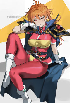 Rule 34 | 1girl, absurdres, antenna hair, artist name, black cape, blush, boots, breasts, cape, closed mouth, commentary, commission, earrings, full body, gloves, head rest, highres, jewelry, large breasts, lina inverse, long hair, looking at viewer, orange eyes, orange hair, park ongjol, slayers, smile, solo, twitter username, watermark, white boots, white gloves