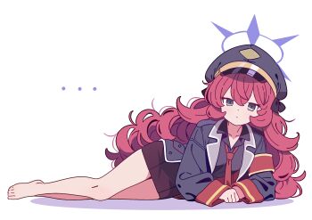... 1girl absurdres armband bare_legs barefoot black_hat black_shirt blue_archive breasts brown_skirt commentary_request feet fluffy_hair full_body grey_eyes hair_between_eyes halo hat highres iroha_(blue_archive) jacket long_hair long_sleeves looking_at_viewer lying medium_breasts necktie on_side otomii peaked_cap pencil_skirt purple_halo red_armband red_hair red_necktie shadow shirt skirt solo toes very_long_hair white_background