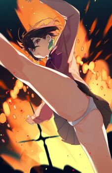 Rule 34 | 1girl, :o, axe kick, ayase momo, black skirt, brown hair, cowboy shot, crossed bangs, dandadan, earrings, fire, from below, hair between eyes, highres, jewelry, long sleeves, looking at viewer, looking down, neck ribbon, panties, pantyshot, parted lips, pink sweater, pleated skirt, purple ribbon, red eyes, ribbon, short hair, skirt, solo, sweater, underwear, upskirt, white panties, yi shin jian