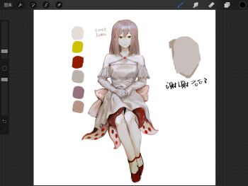 1girl art_program_in_frame bare_shoulders breasts chinese_commentary chinese_text color_guide commentary_request criss-cross_halter dress elbow_gloves gloves halter_dress halterneck highres invisible_chair medium_breasts medium_hair original pale_skin pink_hair procreate_(medium) procreate_(software) red_shoes shoes simple_background sitting solo translation_request vihua6 white_background white_dress white_gloves yellow_eyes